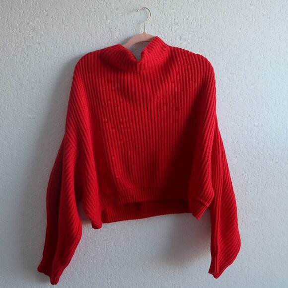 Free People Red Oversized Ribbed Knit Sweater - Size Small Cowl Neck Chunky - Picture 2 of 9
